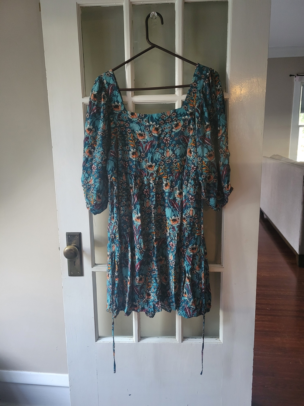 MAURICES Women's Teal Floral Dress Casual Flowy Boho Ballon Sleeve Size Large